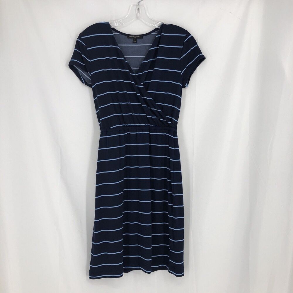 Banana Republic Navy Blue Striped Faux Wrap Dress Short Sleeve PS Knee Length